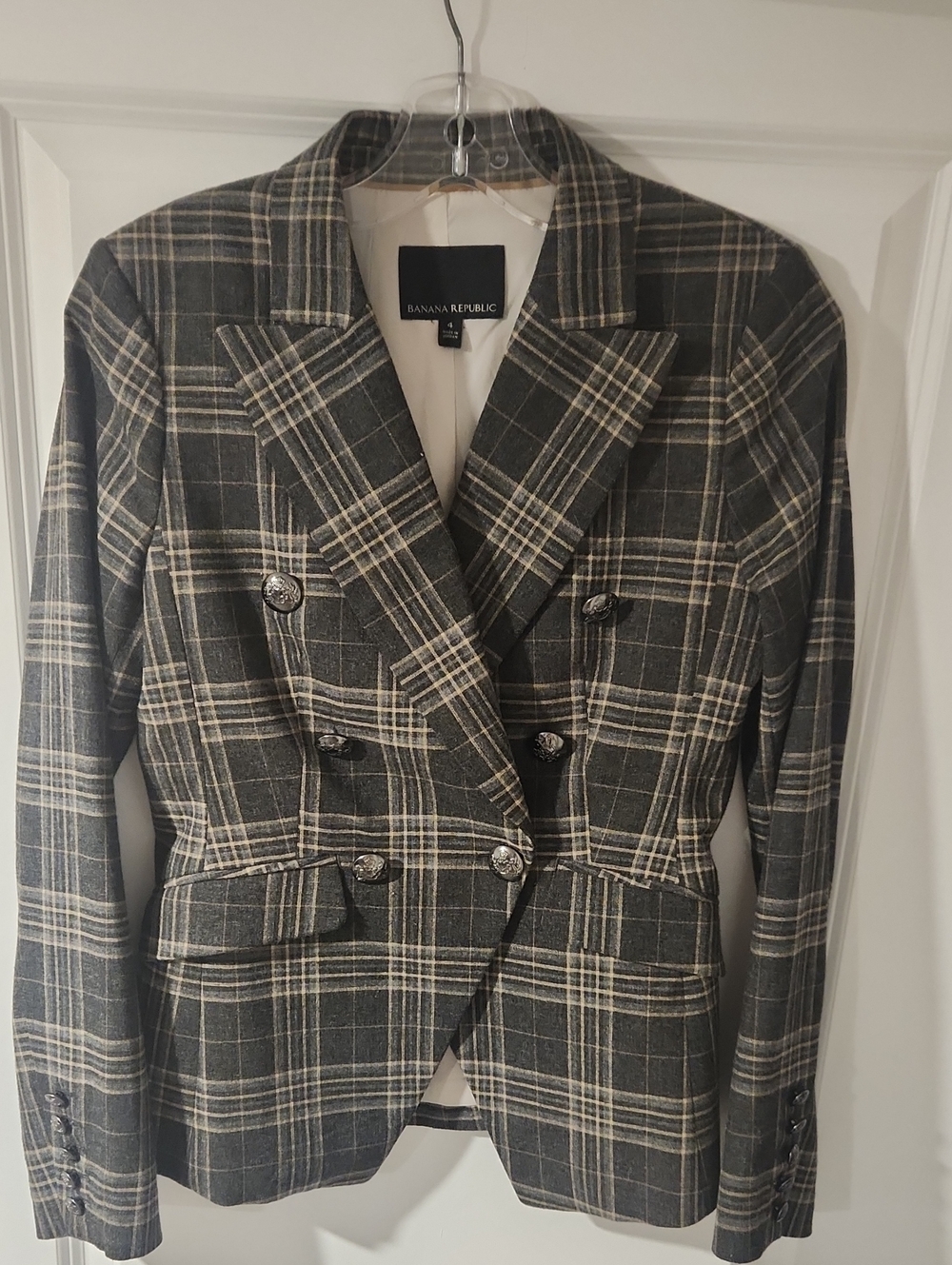 Banana Republic Charcoal and Cream Plaid Double-Breasted Blazer